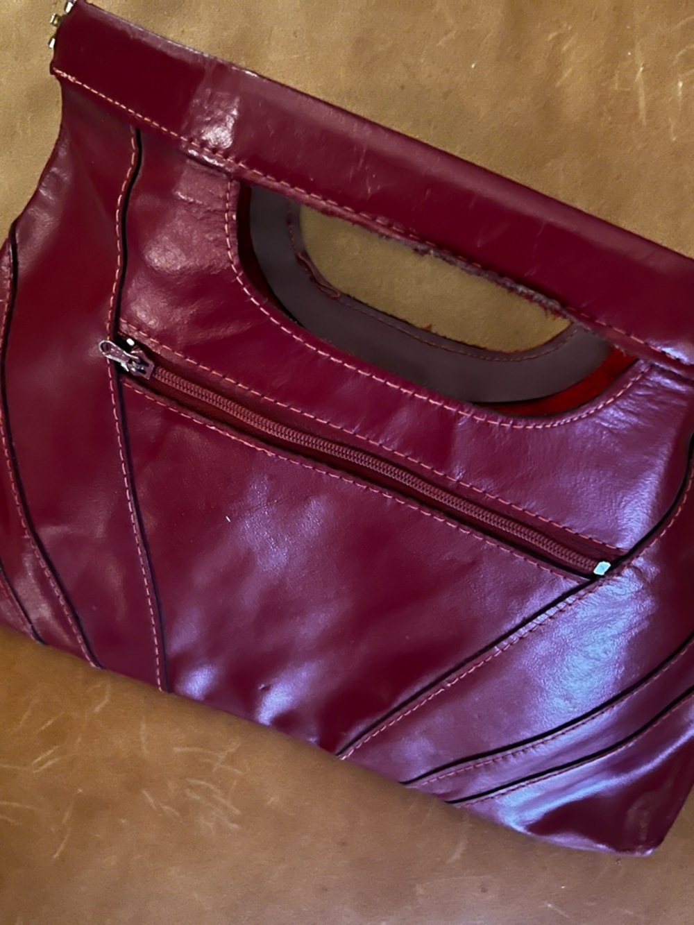 Vintage Women’s Small Burgundy Leather Handbag with Top Handle